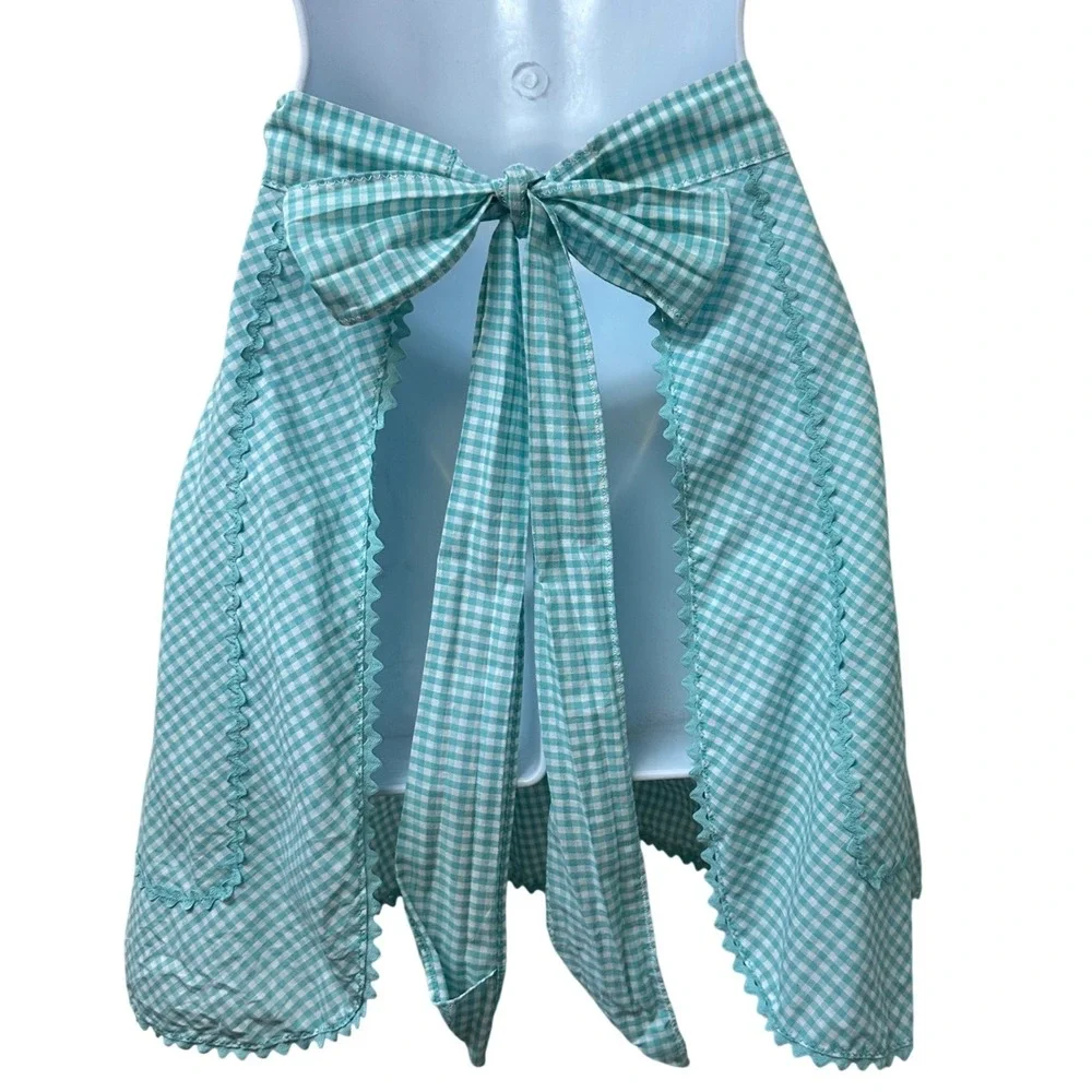 Vintage Handmade Teal Gingham Half Apron Rickrack Trim Pockets Retro Rockabilly